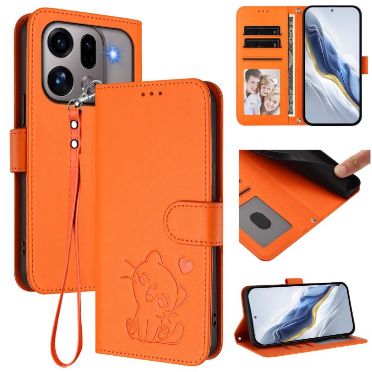 Embossed Heart Cat Leather Phone Case with Hand Strap, For OPPO Reno16 F 5G / Reno16 FS 5G, For OPPO Reno16 5G / Reno16 Pro 5G Global, For OPPO Find X9s Pro 5G, For OPPO Find X9 Ultra