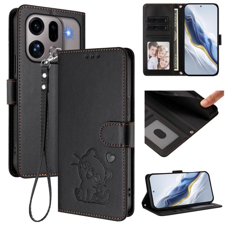 Embossed Heart Cat Leather Phone Case with Hand Strap, For OPPO Reno16 F 5G / Reno16 FS 5G, For OPPO Reno16 5G / Reno16 Pro 5G Global, For OPPO Find X9s Pro 5G, For OPPO Find X9 Ultra