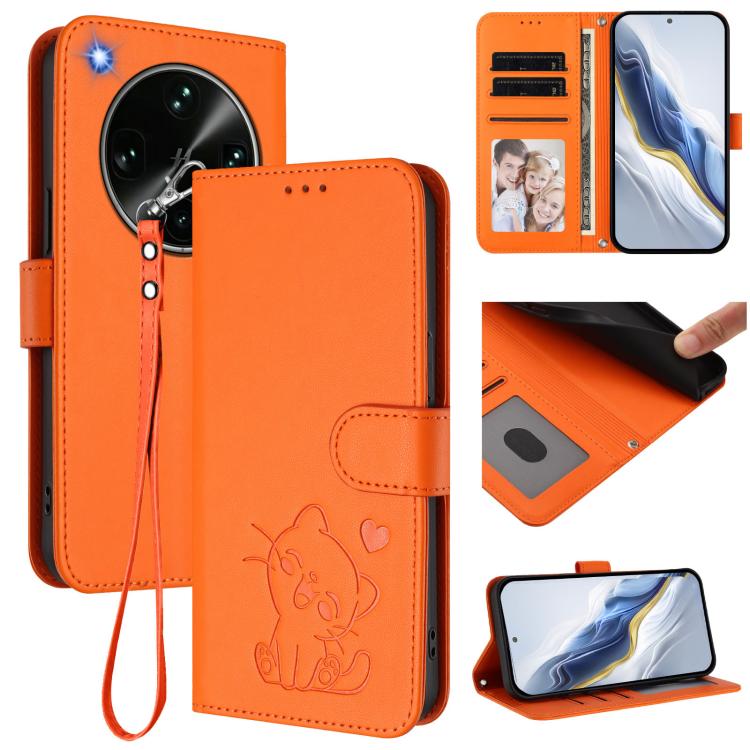 Embossed Heart Cat Leather Phone Case with Hand Strap, For OPPO Reno16 F 5G / Reno16 FS 5G, For OPPO Reno16 5G / Reno16 Pro 5G Global, For OPPO Find X9s Pro 5G, For OPPO Find X9 Ultra