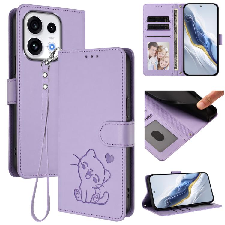 Embossed Heart Cat Leather Phone Case with Hand Strap, For OPPO Reno16 F 5G / Reno16 FS 5G, For OPPO Reno16 5G / Reno16 Pro 5G Global, For OPPO Find X9s Pro 5G, For OPPO Find X9 Ultra