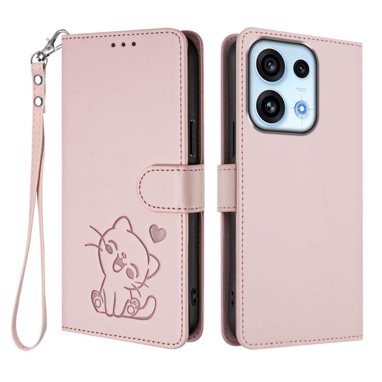 Embossed Heart Cat Leather Phone Case with Hand Strap, For OPPO Reno16 F 5G / Reno16 FS 5G, For OPPO Reno16 5G / Reno16 Pro 5G Global, For OPPO Find X9s Pro 5G, For OPPO Find X9 Ultra