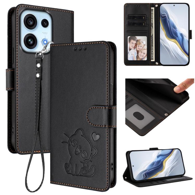 Embossed Heart Cat Leather Phone Case with Hand Strap, For OPPO Reno16 F 5G / Reno16 FS 5G, For OPPO Reno16 5G / Reno16 Pro 5G Global, For OPPO Find X9s Pro 5G, For OPPO Find X9 Ultra