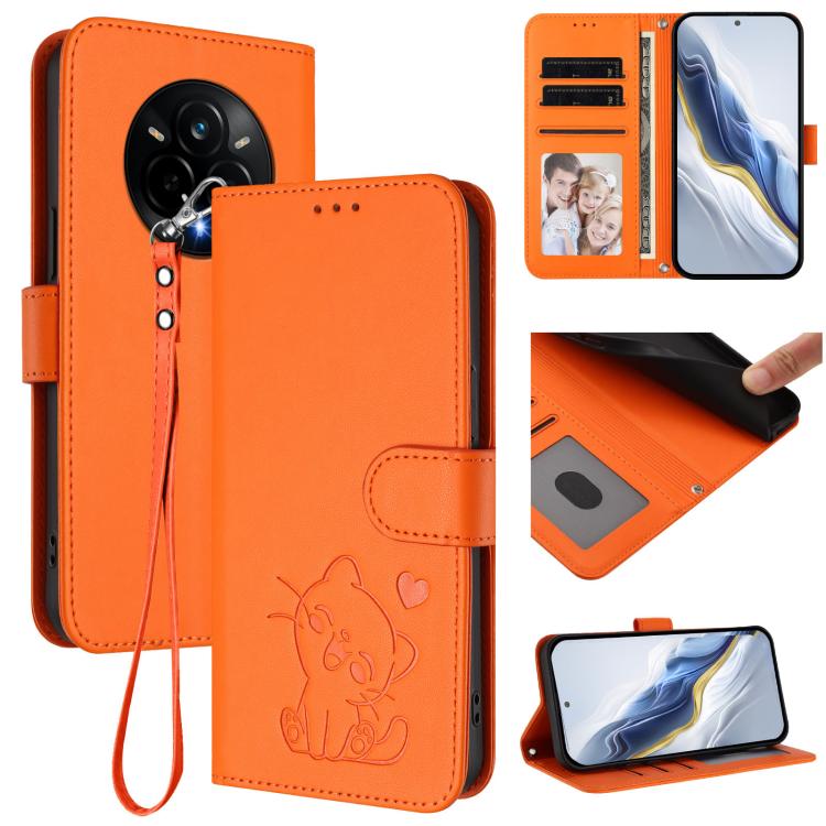Embossed Heart Cat Leather Phone Case with Hand Strap, For Realme P3 Pro 5G Global, For Realme C75 4G Global / 14x 5G India, For Realme 14 Pro+ 5G, For Realme 14 Pro 5G India