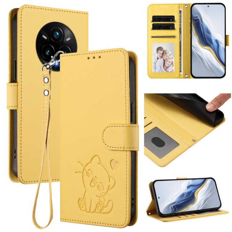 Embossed Heart Cat Leather Phone Case with Hand Strap, For Realme P3 Pro 5G Global, For Realme C75 4G Global / 14x 5G India, For Realme 14 Pro+ 5G, For Realme 14 Pro 5G India