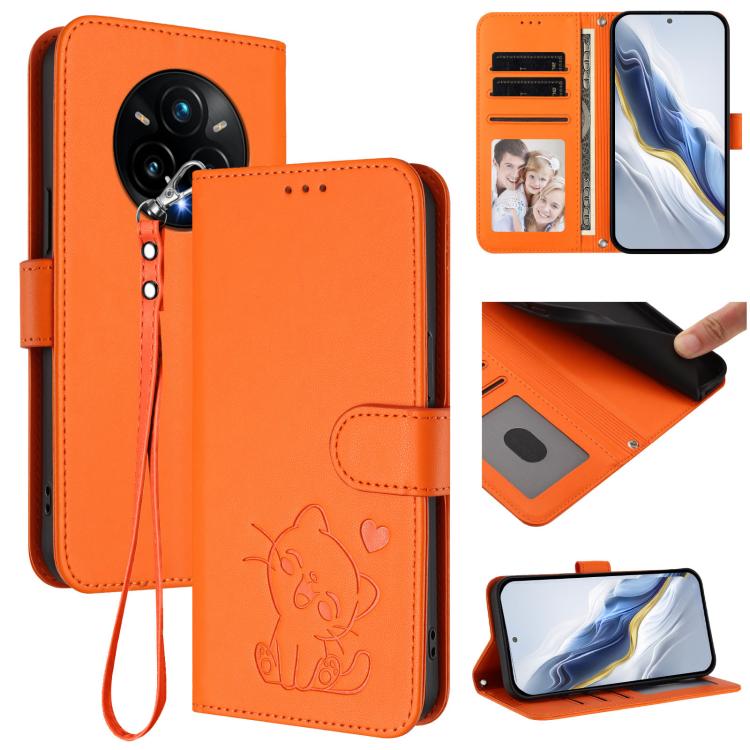 Embossed Heart Cat Leather Phone Case with Hand Strap, For Realme P3 Pro 5G Global, For Realme C75 4G Global / 14x 5G India, For Realme 14 Pro+ 5G, For Realme 14 Pro 5G India