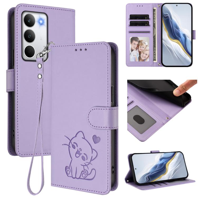 Embossed Heart Cat Leather Phone Case with Hand Strap, For Realme 15 / 15 Pro 5G Global, For Realme C71 4G Global, For Realme GT 7 5G India, For Realme V70 5G / 14x Global / C75 5G