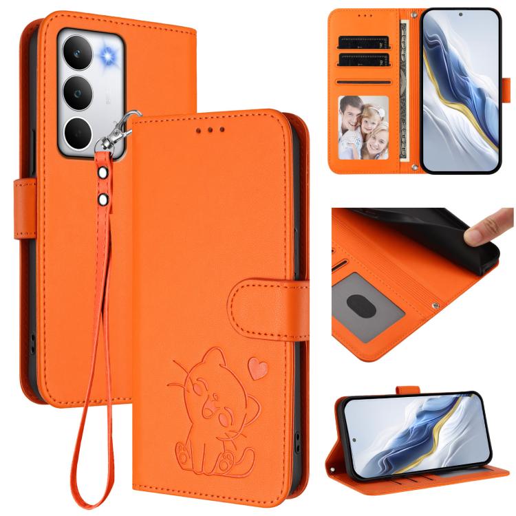 Embossed Heart Cat Leather Phone Case with Hand Strap, For Realme 15 / 15 Pro 5G Global, For Realme C71 4G Global, For Realme GT 7 5G India, For Realme V70 5G / 14x Global / C75 5G