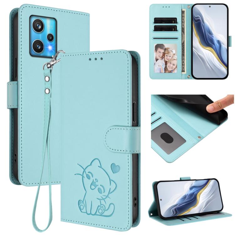 Embossed Heart Cat Leather Phone Case with Hand Strap, For Realme GT Neo 3T, For Realme 9 Pro+ 5G / Narzo 50 Pro 5G, For Realme GT Neo 3, For Realme 9 Pro 5G Global / 9 5G EU
