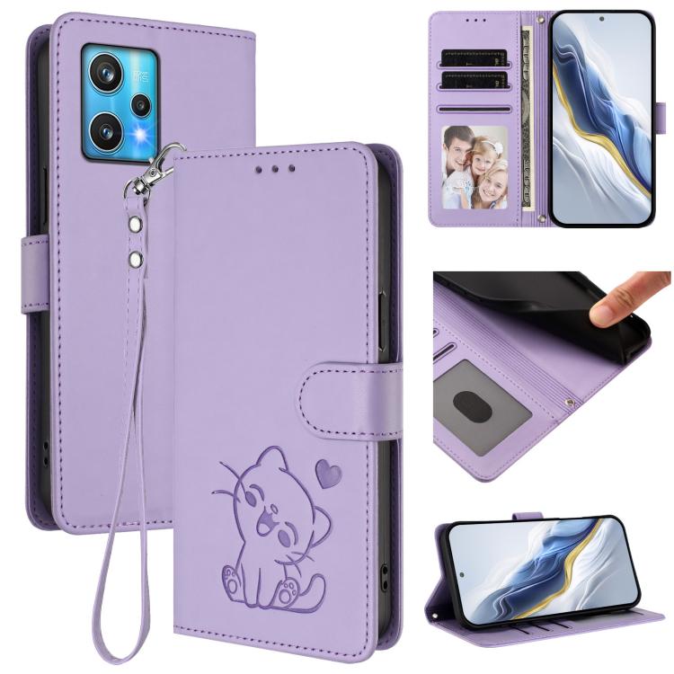 Embossed Heart Cat Leather Phone Case with Hand Strap, For Realme GT Neo 3T, For Realme 9 Pro+ 5G / Narzo 50 Pro 5G, For Realme GT Neo 3, For Realme 9 Pro 5G Global / 9 5G EU
