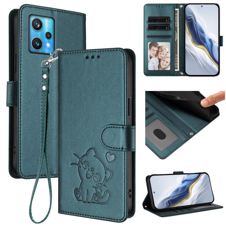 Embossed Heart Cat Leather Phone Case with Hand Strap, For Realme GT Neo 3T, For Realme 9 Pro+ 5G / Narzo 50 Pro 5G, For Realme GT Neo 3, For Realme 9 Pro 5G Global / 9 5G EU
