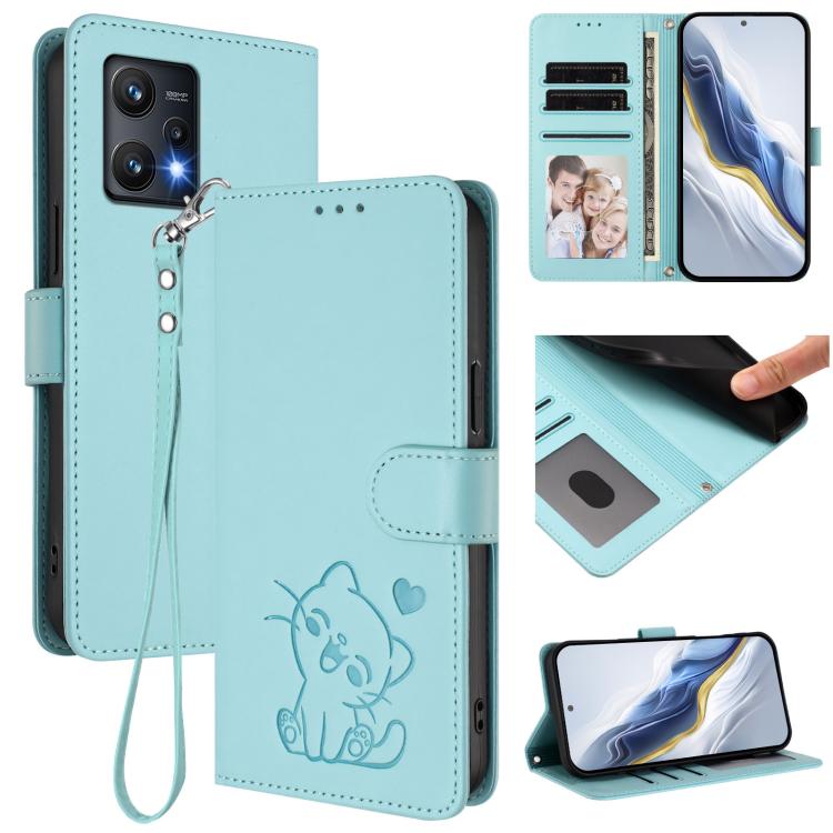 Embossed Heart Cat Leather Phone Case with Hand Strap, For Realme GT Neo 3T, For Realme 9 Pro+ 5G / Narzo 50 Pro 5G, For Realme GT Neo 3, For Realme 9 Pro 5G Global / 9 5G EU