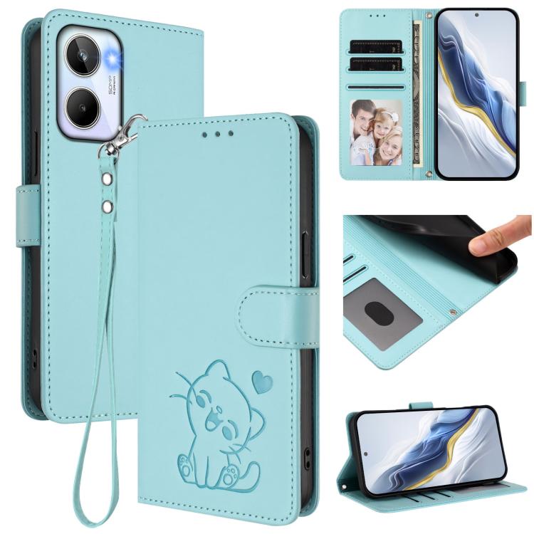 Embossed Heart Cat Leather Phone Case with Hand Strap, For Realme 10 Pro 5G, For Realme 10 Pro+ 5G, For Realme 10 4G Global, For Realme C30 4G / C30s / Narzo 50i
