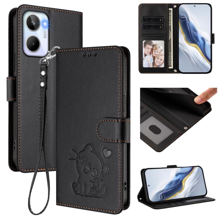 Embossed Heart Cat Leather Phone Case with Hand Strap, For Realme 10 Pro 5G, For Realme 10 Pro+ 5G, For Realme 10 4G Global, For Realme C30 4G / C30s / Narzo 50i