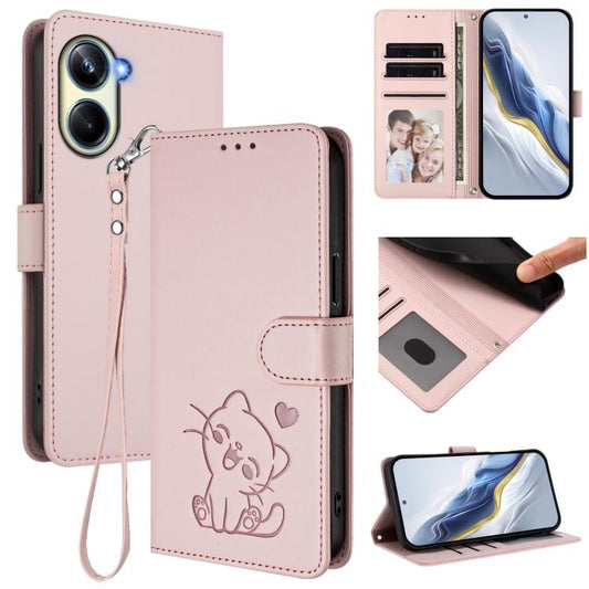 Embossed Heart Cat Leather Phone Case with Hand Strap, For Realme 10 Pro 5G, For Realme 10 Pro+ 5G, For Realme 10 4G Global, For Realme C30 4G / C30s / Narzo 50i