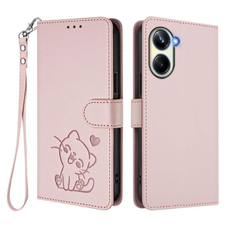 Embossed Heart Cat Leather Phone Case with Hand Strap, For Realme 10 Pro 5G, For Realme 10 Pro+ 5G, For Realme 10 4G Global, For Realme C30 4G / C30s / Narzo 50i
