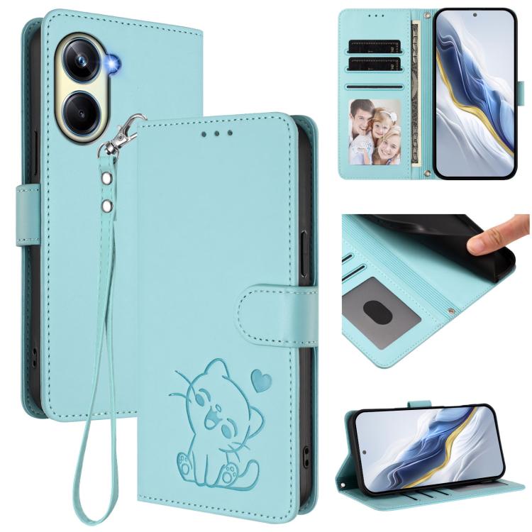 Embossed Heart Cat Leather Phone Case with Hand Strap, For Realme 10 Pro 5G, For Realme 10 Pro+ 5G, For Realme 10 4G Global, For Realme C30 4G / C30s / Narzo 50i