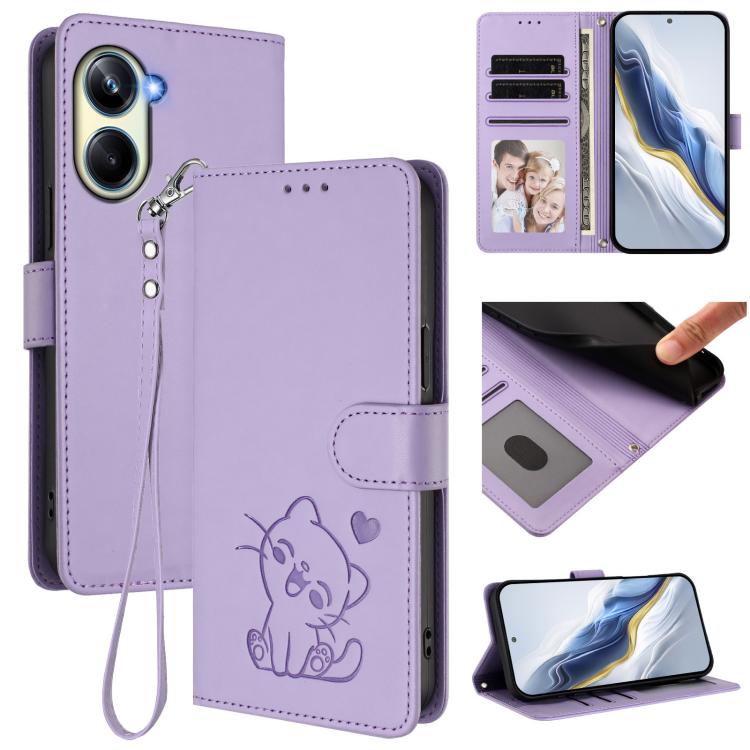 Embossed Heart Cat Leather Phone Case with Hand Strap, For Realme 10 Pro 5G, For Realme 10 Pro+ 5G, For Realme 10 4G Global, For Realme C30 4G / C30s / Narzo 50i