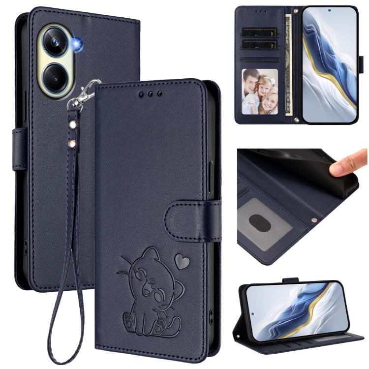 Embossed Heart Cat Leather Phone Case with Hand Strap, For Realme 10 Pro 5G, For Realme 10 Pro+ 5G, For Realme 10 4G Global, For Realme C30 4G / C30s / Narzo 50i