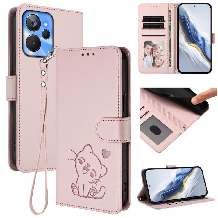 Embossed Heart Cat Leather Phone Case with Hand Strap, For Realme C55 4G Global / Narzo N55, For Realme C33 2023 / 2022, For Realme 10T 5G / 10S 5G, For Realme GT3 5G / GT Neo 5 240W