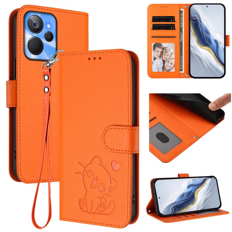 Embossed Heart Cat Leather Phone Case with Hand Strap, For Realme C55 4G Global / Narzo N55, For Realme C33 2023 / 2022, For Realme 10T 5G / 10S 5G, For Realme GT3 5G / GT Neo 5 240W