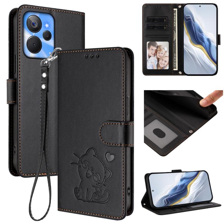 Embossed Heart Cat Leather Phone Case with Hand Strap, For Realme C55 4G Global / Narzo N55, For Realme C33 2023 / 2022, For Realme 10T 5G / 10S 5G, For Realme GT3 5G / GT Neo 5 240W