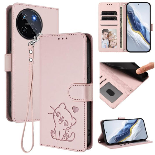 Embossed Heart Cat Leather Phone Case with Hand Strap, For Realme 11 4G Global, For Realme GT5 240W / GT5 5G, For Realme Narzo 60 Pro, For Realme C65 4G Global