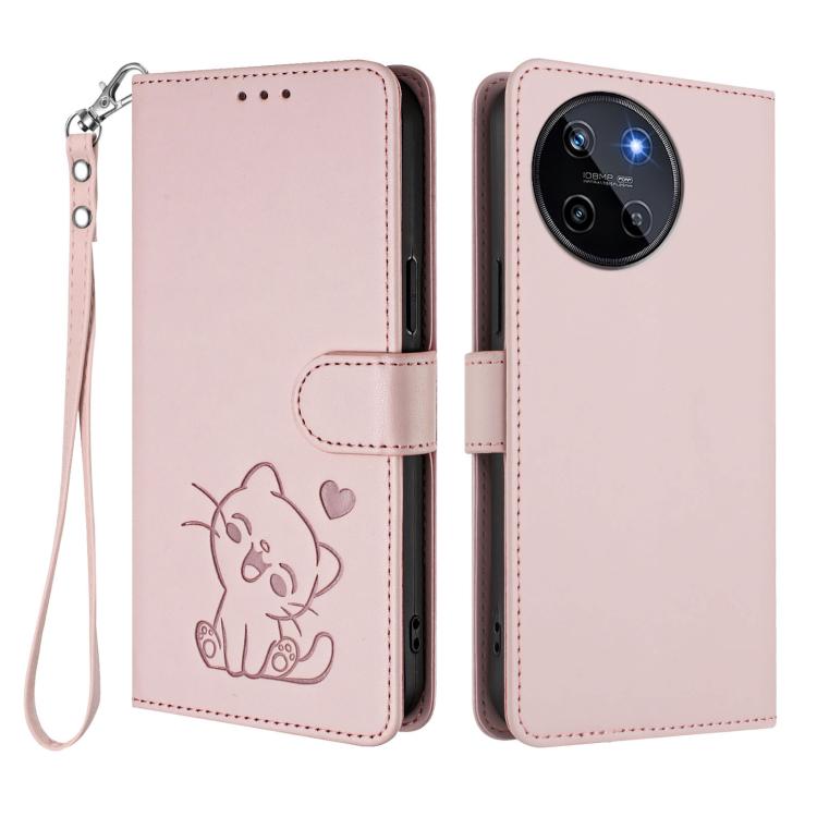 Embossed Heart Cat Leather Phone Case with Hand Strap, For Realme 11 4G Global, For Realme GT5 240W / GT5 5G, For Realme Narzo 60 Pro, For Realme C65 4G Global