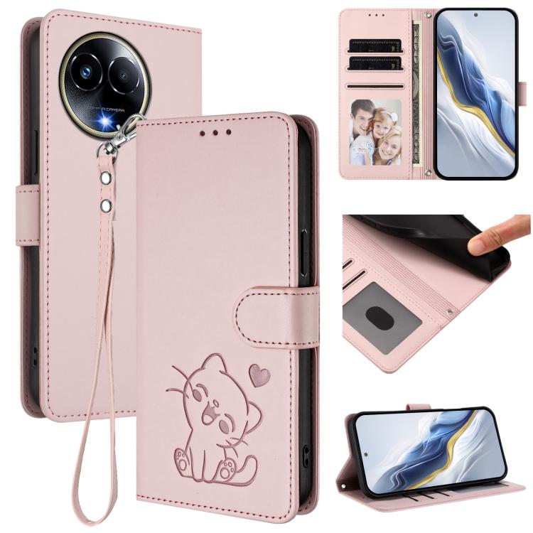 Embossed Heart Cat Leather Phone Case with Hand Strap, For Realme C67 4G / 12 Lite 4G Global, For Realme 12 Pro / 12 Pro+ / P1 Pro 5G, For Realme C53 / C51 4G Global, For Realme 11 5G Global / C67 5G India