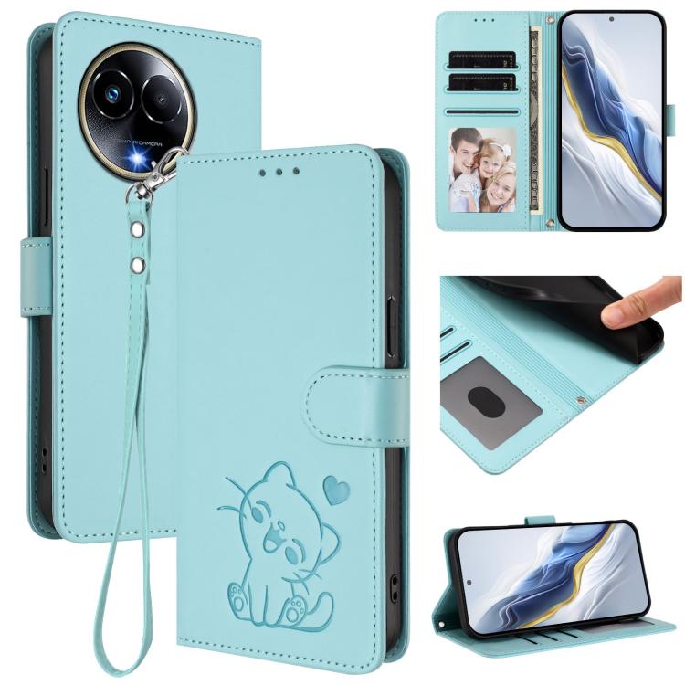 Embossed Heart Cat Leather Phone Case with Hand Strap, For Realme C67 4G / 12 Lite 4G Global, For Realme 12 Pro / 12 Pro+ / P1 Pro 5G, For Realme C53 / C51 4G Global, For Realme 11 5G Global / C67 5G India