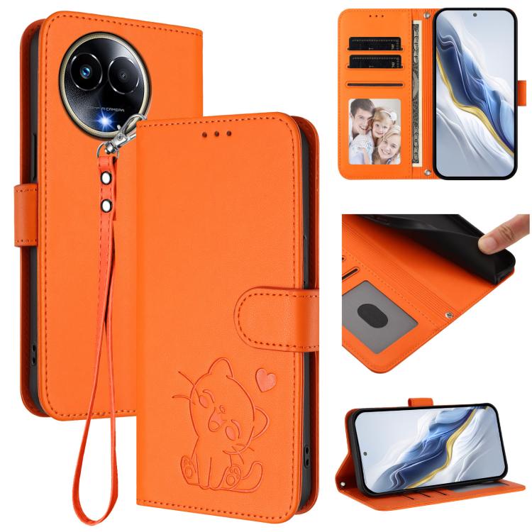 Embossed Heart Cat Leather Phone Case with Hand Strap, For Realme C67 4G / 12 Lite 4G Global, For Realme 12 Pro / 12 Pro+ / P1 Pro 5G, For Realme C53 / C51 4G Global, For Realme 11 5G Global / C67 5G India