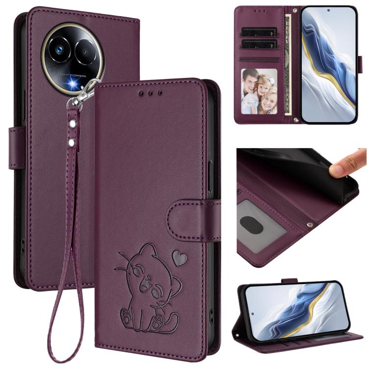Embossed Heart Cat Leather Phone Case with Hand Strap, For Realme C67 4G / 12 Lite 4G Global, For Realme 12 Pro / 12 Pro+ / P1 Pro 5G, For Realme C53 / C51 4G Global, For Realme 11 5G Global / C67 5G India