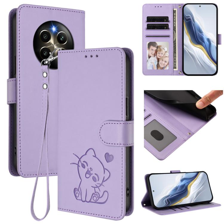 Embossed Heart Cat Leather Phone Case with Hand Strap, For Realme C67 4G / 12 Lite 4G Global, For Realme 12 Pro / 12 Pro+ / P1 Pro 5G, For Realme C53 / C51 4G Global, For Realme 11 5G Global / C67 5G India