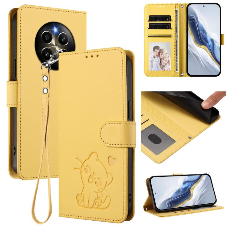 Embossed Heart Cat Leather Phone Case with Hand Strap, For Realme C67 4G / 12 Lite 4G Global, For Realme 12 Pro / 12 Pro+ / P1 Pro 5G, For Realme C53 / C51 4G Global, For Realme 11 5G Global / C67 5G India