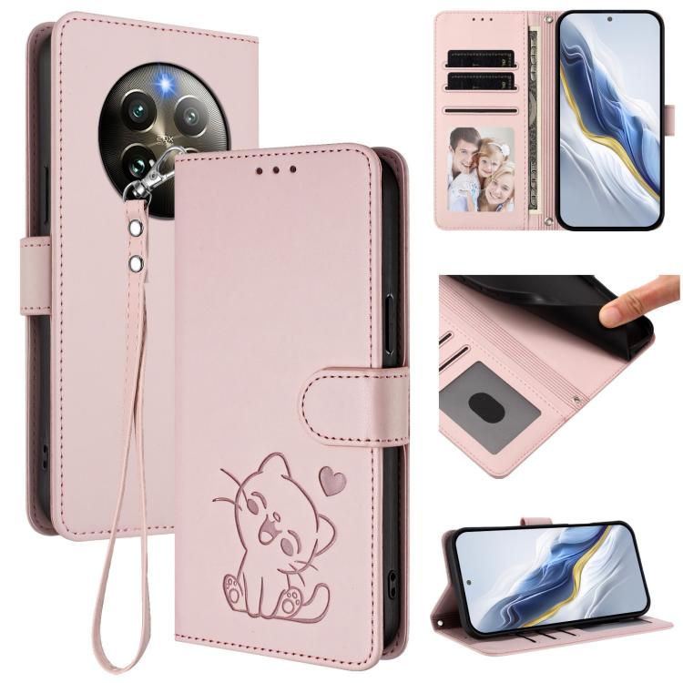Embossed Heart Cat Leather Phone Case with Hand Strap, For Realme 13+ 5G Global, For Realme 13 / 12 4G / P1 5G Global, For Realme 13 Pro / 13 Pro+ 5G Global, For Realme GT 6 5G / GT 6T 5G Global