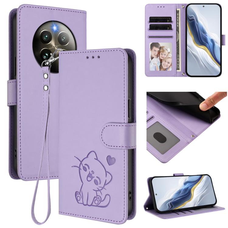 Embossed Heart Cat Leather Phone Case with Hand Strap, For Realme 13+ 5G Global, For Realme 13 / 12 4G / P1 5G Global, For Realme 13 Pro / 13 Pro+ 5G Global, For Realme GT 6 5G / GT 6T 5G Global