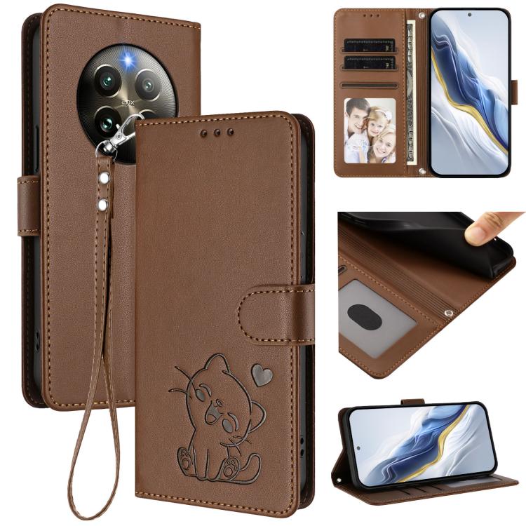 Embossed Heart Cat Leather Phone Case with Hand Strap, For Realme 13+ 5G Global, For Realme 13 / 12 4G / P1 5G Global, For Realme 13 Pro / 13 Pro+ 5G Global, For Realme GT 6 5G / GT 6T 5G Global