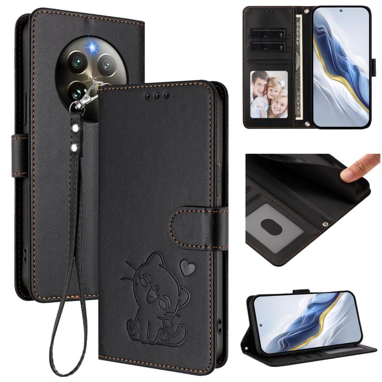 Embossed Heart Cat Leather Phone Case with Hand Strap, For Realme 13+ 5G Global, For Realme 13 / 12 4G / P1 5G Global, For Realme 13 Pro / 13 Pro+ 5G Global, For Realme GT 6 5G / GT 6T 5G Global