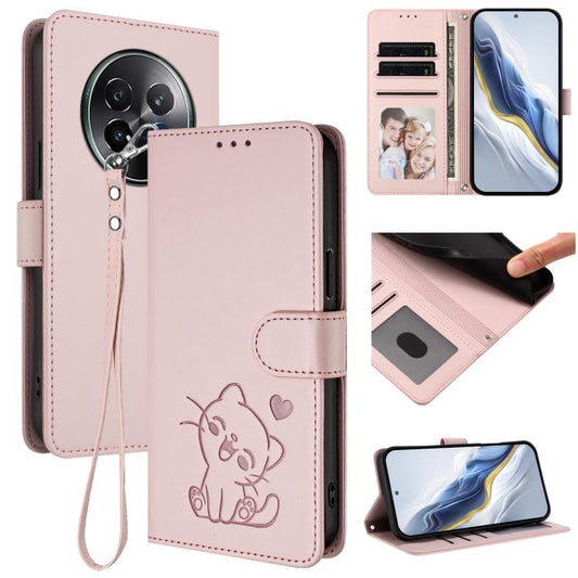 Embossed Heart Cat Leather Phone Case with Hand Strap, For Realme 13+ 5G Global, For Realme 13 / 12 4G / P1 5G Global, For Realme 13 Pro / 13 Pro+ 5G Global, For Realme GT 6 5G / GT 6T 5G Global