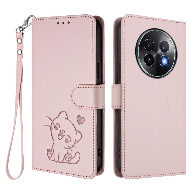 Embossed Heart Cat Leather Phone Case with Hand Strap, For Realme 13+ 5G Global, For Realme 13 / 12 4G / P1 5G Global, For Realme 13 Pro / 13 Pro+ 5G Global, For Realme GT 6 5G / GT 6T 5G Global