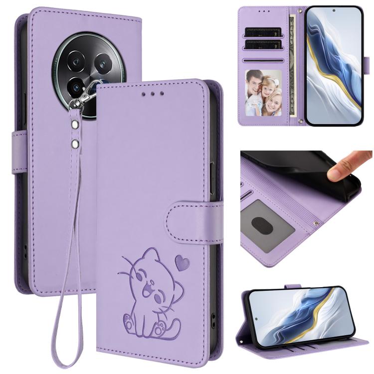 Embossed Heart Cat Leather Phone Case with Hand Strap, For Realme 13+ 5G Global, For Realme 13 / 12 4G / P1 5G Global, For Realme 13 Pro / 13 Pro+ 5G Global, For Realme GT 6 5G / GT 6T 5G Global