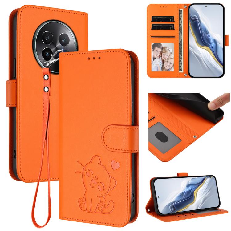 Embossed Heart Cat Leather Phone Case with Hand Strap, For Realme 13+ 5G Global, For Realme 13 / 12 4G / P1 5G Global, For Realme 13 Pro / 13 Pro+ 5G Global, For Realme GT 6 5G / GT 6T 5G Global