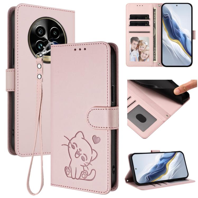 Embossed Heart Cat Leather Phone Case with Hand Strap, For Realme 13+ 5G Global, For Realme 13 / 12 4G / P1 5G Global, For Realme 13 Pro / 13 Pro+ 5G Global, For Realme GT 6 5G / GT 6T 5G Global