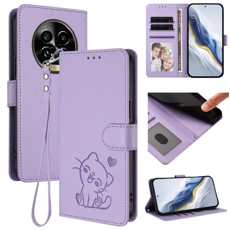 Embossed Heart Cat Leather Phone Case with Hand Strap, For Realme 13+ 5G Global, For Realme 13 / 12 4G / P1 5G Global, For Realme 13 Pro / 13 Pro+ 5G Global, For Realme GT 6 5G / GT 6T 5G Global
