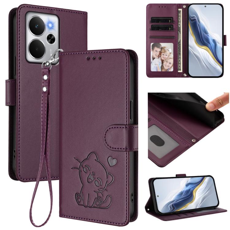 Embossed Heart Cat Leather Phone Case with Hand Strap, For Realme Narzo 80 Pro, For Realme Narzo 80x, For Realme 14 / P3 / 14T 5G Global, For Realme P3 Ultra 5G Global