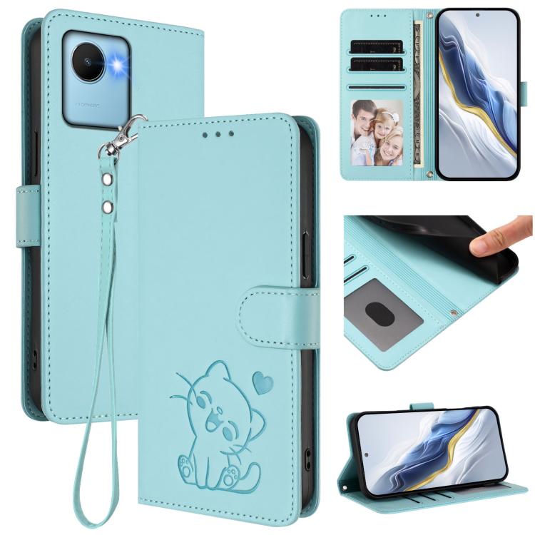Embossed Heart Cat Leather Phone Case with Hand Strap, For Realme 10 Pro 5G, For Realme 10 Pro+ 5G, For Realme 10 4G Global, For Realme C30 4G / C30s / Narzo 50i