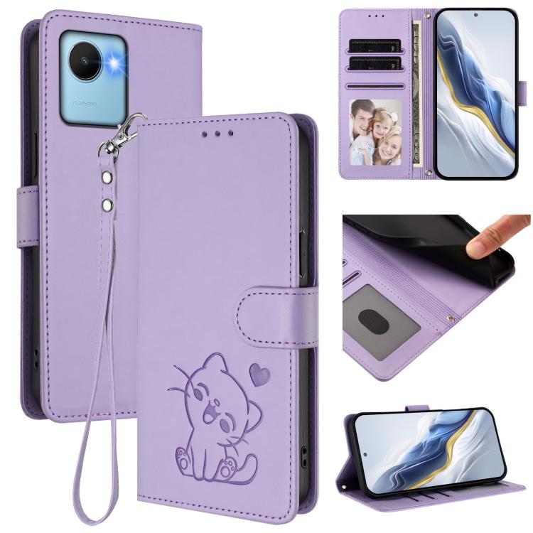 Embossed Heart Cat Leather Phone Case with Hand Strap, For Realme 10 Pro 5G, For Realme 10 Pro+ 5G, For Realme 10 4G Global, For Realme C30 4G / C30s / Narzo 50i