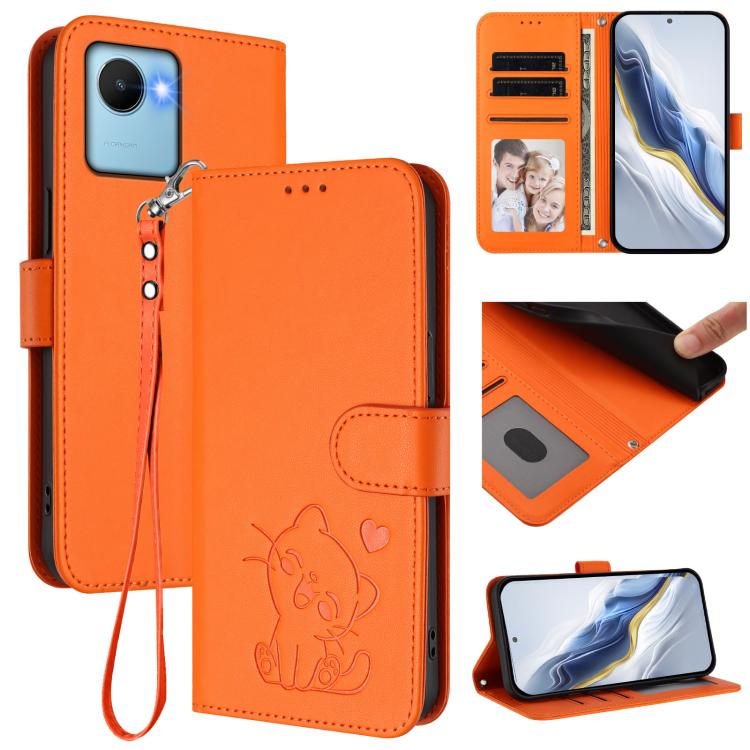 Embossed Heart Cat Leather Phone Case with Hand Strap, For Realme 10 Pro 5G, For Realme 10 Pro+ 5G, For Realme 10 4G Global, For Realme C30 4G / C30s / Narzo 50i
