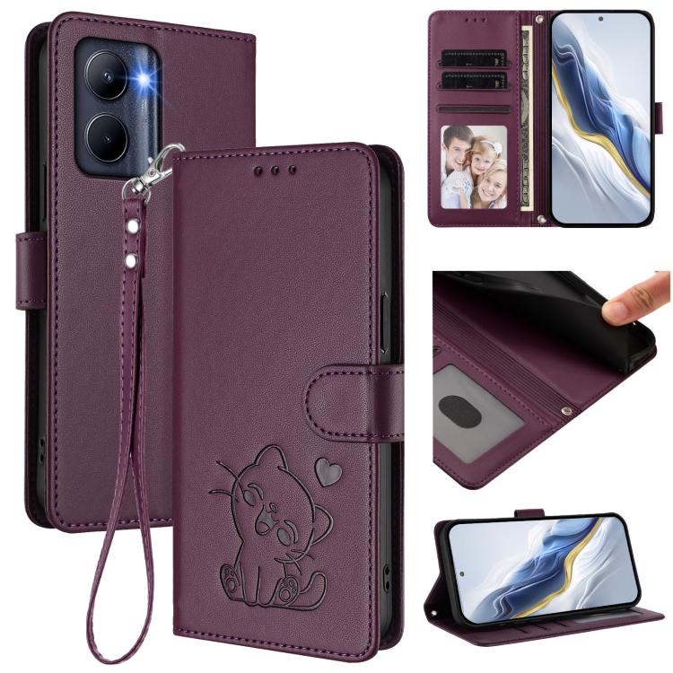 Embossed Heart Cat Leather Phone Case with Hand Strap, For Realme C55 4G Global / Narzo N55, For Realme C33 2023 / 2022, For Realme 10T 5G / 10S 5G, For Realme GT3 5G / GT Neo 5 240W