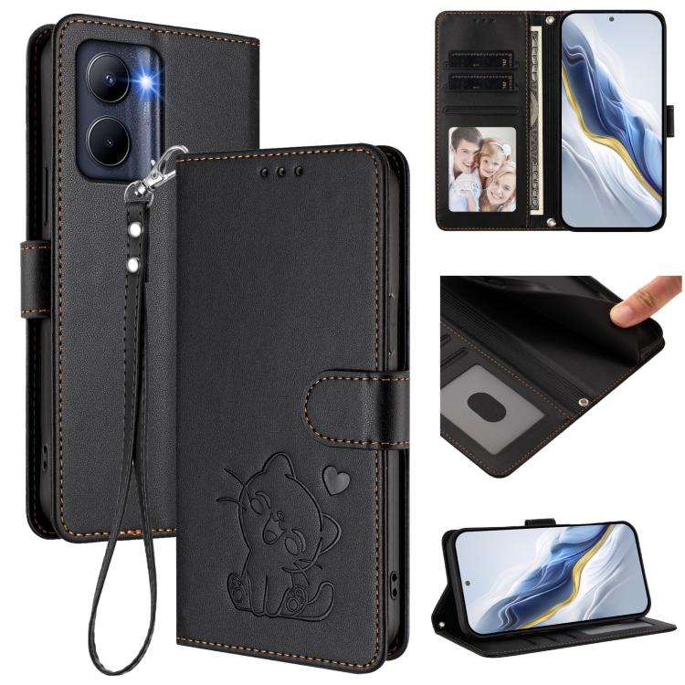 Embossed Heart Cat Leather Phone Case with Hand Strap, For Realme C55 4G Global / Narzo N55, For Realme C33 2023 / 2022, For Realme 10T 5G / 10S 5G, For Realme GT3 5G / GT Neo 5 240W