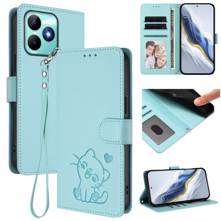 Embossed Heart Cat Leather Phone Case with Hand Strap, For Realme C67 4G / 12 Lite 4G Global, For Realme 12 Pro / 12 Pro+ / P1 Pro 5G, For Realme C53 / C51 4G Global, For Realme 11 5G Global / C67 5G India
